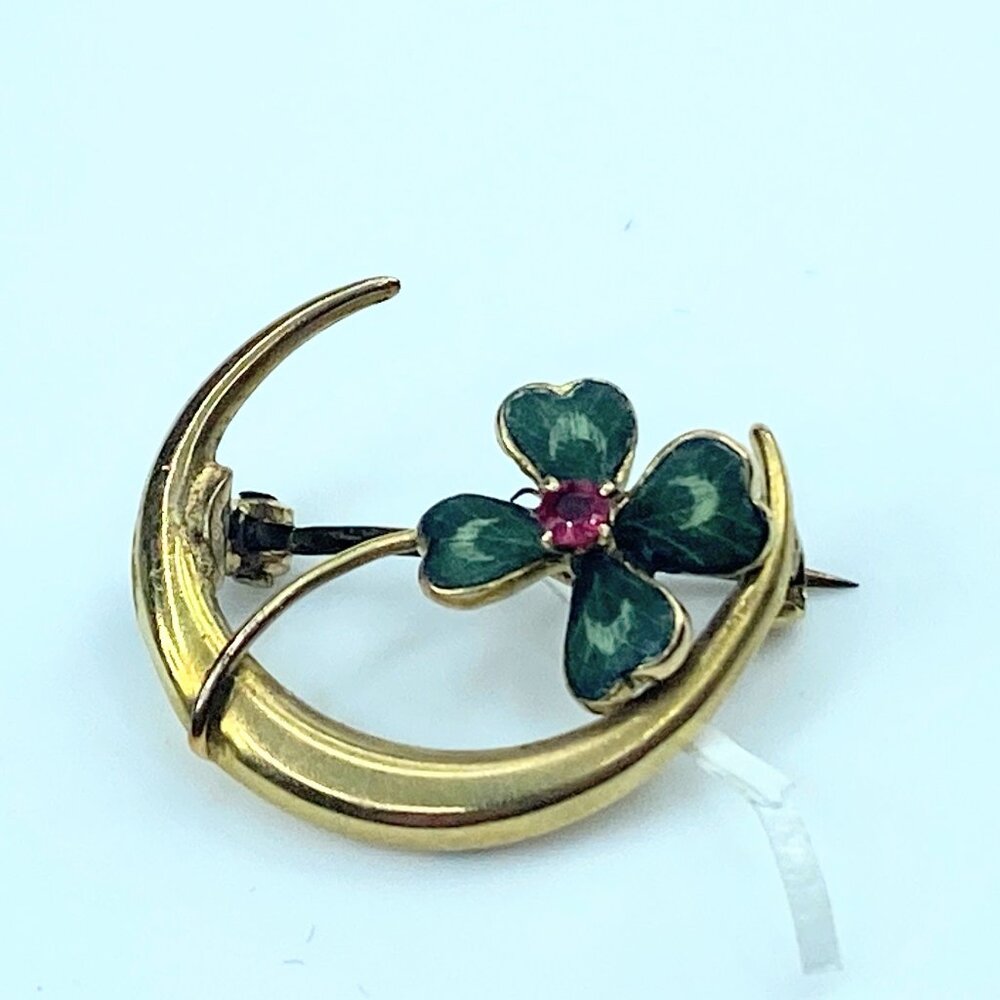Art Deco Ruby Shamrock Clover Enamel Crescent Moo… - image 1